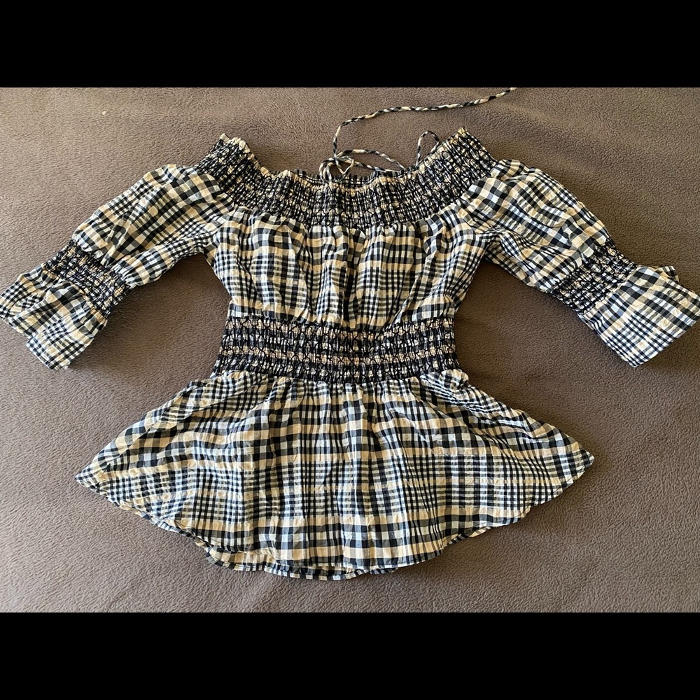 GANNI Charron Check Off-Shoulder Blouse size 36